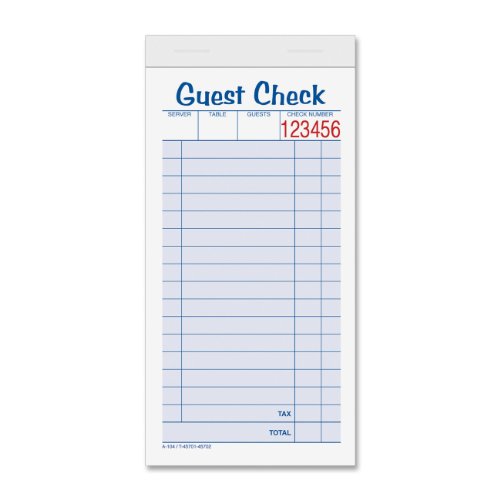 TOPS Guest Check Books, 2-Part, Carbonless, White/Canary, 3-11/32″ x 6-3/8″, 50 Sets/Pad, 10 Pads/Pack (45702)