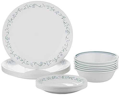 Corelle 18-Piece Vitrelle Glass Country Cottage Chip and Break Resistant Dinner Set, Service for 6, Green/Blue