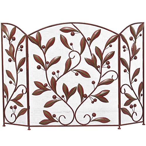 Deco 79 Metal Foldable Mesh Netting 3 Panel Fireplace Screen with Leaf and Vine Relief, 45″ x 1″ x 30″, Brown