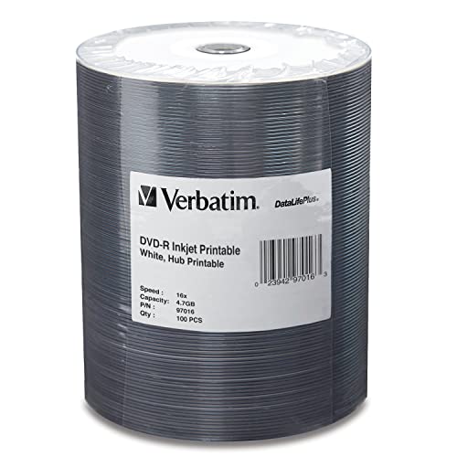 Verbatim DVD-R 4.7GB 16X DataLifePlus White Inkjet Printable, Hub Printable – 100pk Tape Wrap, 0.1 (97016)