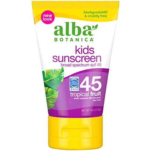 Alba Botanica Kids Sunscreen for Face and Body, Tropical Fruit Sunscreen Lotion for Kids, Broad Spectrum SPF 45, Water Resistant and Hypoallergenic, 4 fl. oz. Bottle