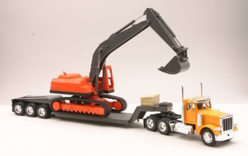Diecast Toy Model Big Rig Long Haul Truck 1:32 Scale Peterbilt 379 Lowboy with Excavator, Yellow / Orange / Multicolor, 24â€ x 4â€ x 8â€