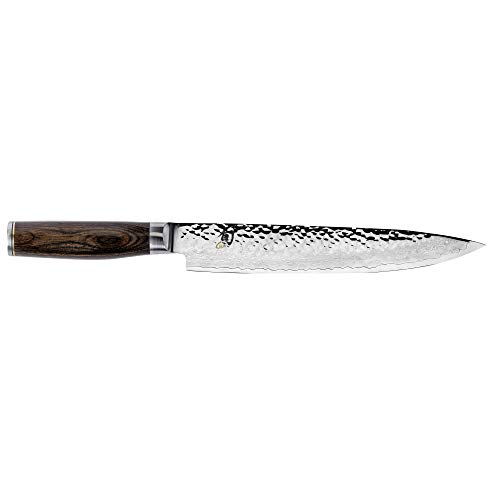 Shun TDM0704 Cutlery Premier Slicing 9.5″, Hammered TSUCHIME Finish, Long, Thin Blade, Allows for Cleaner Preserve Juices and Flavor, Ideal Meat Cutting Knife, 9-1/2-Inch, Silver