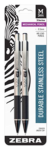 Zebra Pen M-301 Mechanical Pencil, Stainless Steel Barrel, Fine Point, 0.5mm, Black Grip, 2-Pack