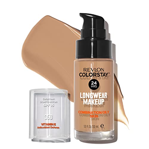 Liquid Foundation by Revlon, ColorStay Face Makeup for Combination & Oily Skin, SPF 15, Medium-Full Coverage with Matte Finish, Rich Tan (350), 1.0 oz