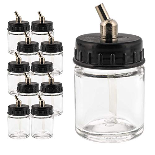 Master Airbrush (Pack of 10) TB-002 Empty 3/4 Ounce (22cc) Glass Jar Bottles with 30° Down Angle Adaptor Lid Assembly – Fits Dual-Action Siphon Feed Airbrushes, Use with Master, Badger, Paasche, Iwata