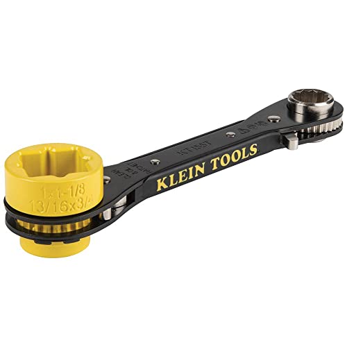 Klein Tools KT155T 6-In-1 Lineman’s Ratcheting Wrench with Bolt Through Design and Bright Yellow Socket