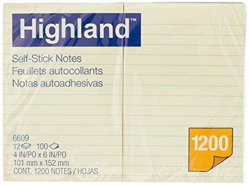 Highland Sticky Notes, 4 x 6 Inches, Yellow, 12 Pack (6609)