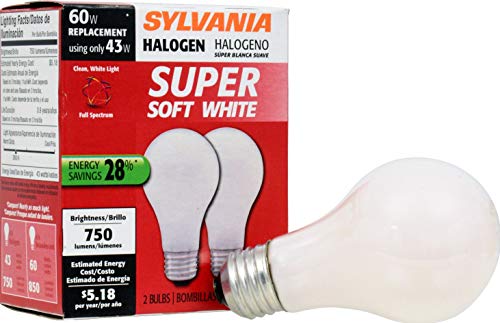 SYLVANIA Halogen A19 Light Bulb, 60W Equivalent, 43W Efficient, E26 Medium Base, 600 Lumens, 2750K, Soft White – 2 Pack (19009)