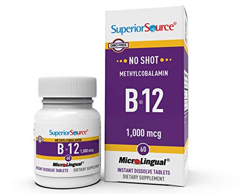 Superior Source No Shot Vitamin B12 Methylcobalamin, Quick Dissolve Sublingual Tablets, Active Form of B12, Increase Metabolism, Energy Production, Nervous System Support, Non-GMO (Vitamin B12 1,000mcg)