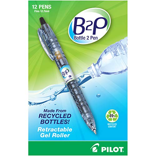 PILOT B2P – Bottle to Pen Refillable & Retractable Rolling Ball Gel Pen Made From Recycled Bottles, Fine Point, Black G2 Ink, 12-Pack (31600)