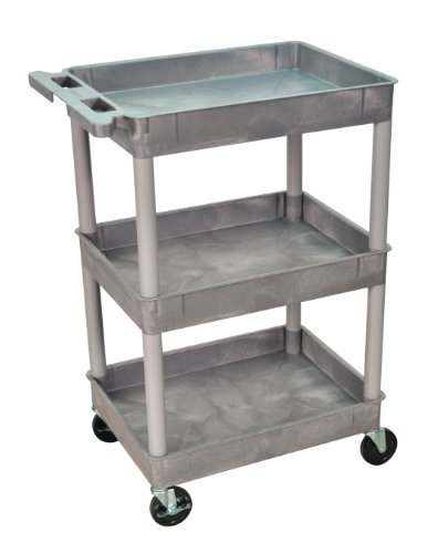 Luxor/H.Wilson Three Shelf Rolling Industrial Utility Tub Cart with Handle, Gray, 24 in W x 18 in D x 39.25 in H