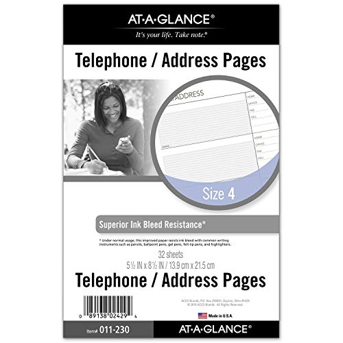 AT-A-GLANCE Day Runner Telephone and Address Pages, Refill, Loose-Leaf, Undated, for Planner, 5-1/2″ x 8-1/2″, Size 4, 32 Sheets/Pack (011-230)