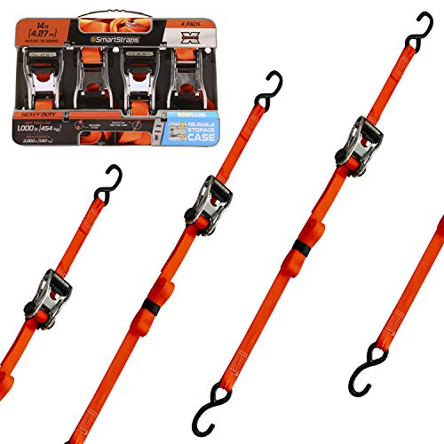 SmartStraps 14’ Premium Ratchet Straps, 4 Pack – 3,000lbs Break Strength, 1,000lbs Safe Work Load – Haul Heavy-Duty Loads Such As Boats and Appliances