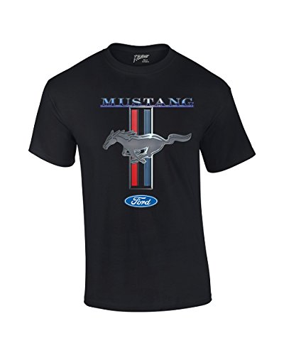 Ford Mustang T-Shirt Pony & Stripes Logo Classic Retro Design Racing Performance Car Enthusiast Garage Tee Authentic-Bl-L Black