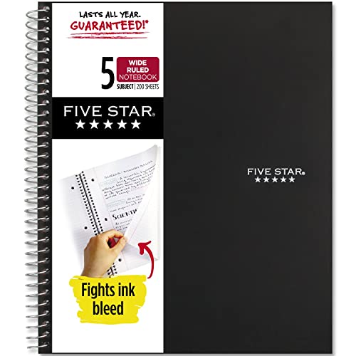 Five Star Spiral Notebook, 5-Subject, Wide Ruled Paper, 200 Sheets, 10-1/2″ x 8″, Black (72045)