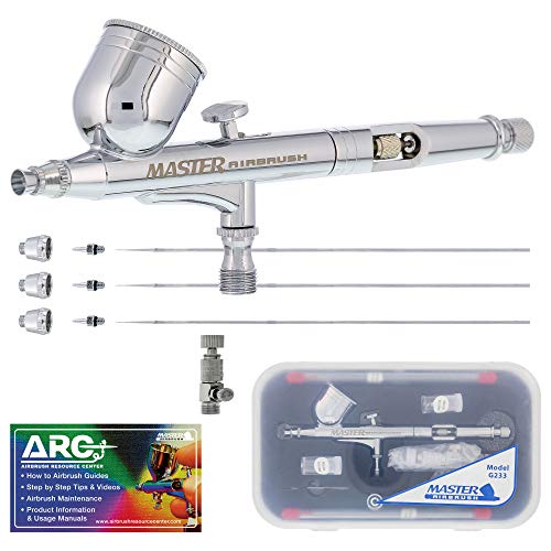 Master Airbrush Master Performance G233 Pro Set with 3 Nozzle Sets (0.2, 0.3 & 0.5mm Needles, Fluid Tips and Air Caps) – Dual-Action Gravity Feed Airbrush, 1/3 oz Cup, Cutaway Handle – How-to-Guide