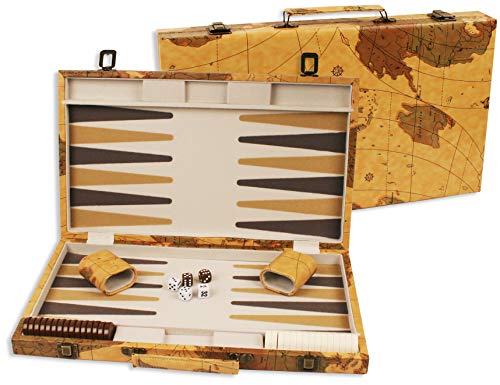 DA VINCI 18 inch Leatherette Backgammon Set with Beautiful Old World Map Design