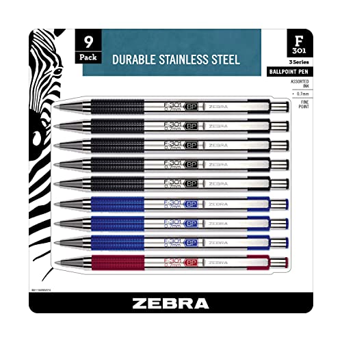 Zebra Pen F-301 Retractable Ballpoint Pen, Stainless Steel Barrel, Fine Point, 0.7mm, Assorted Ink, 9-Pack