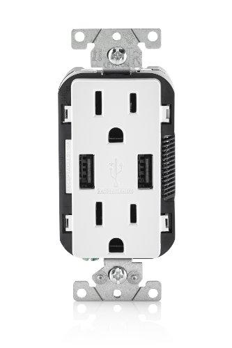 Leviton T5632-BW R02-T5632-0Bw 2-Port Combination Duplex Receptacle with USB Charger, 125 Vac, 15 A, 2 Pole, 3 Wire, White