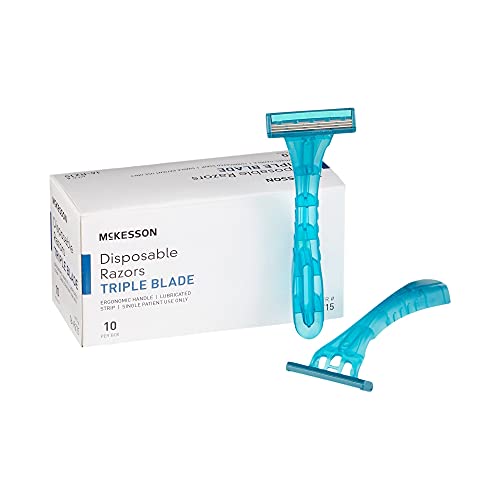 McKesson Disposable Razors, Stainless Steel Triple Blade, Lubricated Strip, Ergonomic Handle, Turquoise, 10 Count, 1 Pack