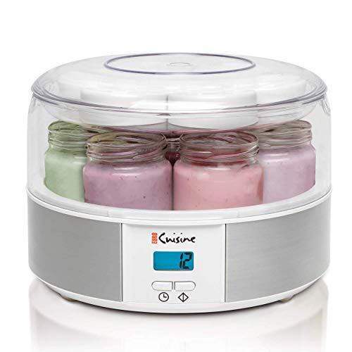 Euro Cuisine Yogurt Maker – YMX650 Automatic Digital Yogurt Maker Machine with Set Temperature – Includes 7-6 oz. Reusable Glass Jars and 7 Rotary Date Setting Lids for Instant Storage