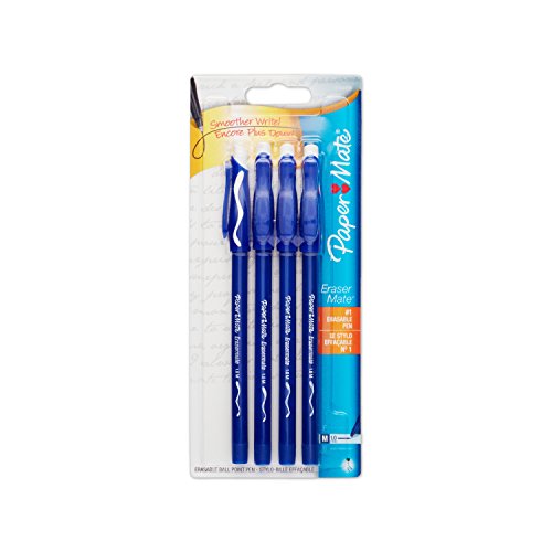 Paper Mate EraserMate Stick Ballpoint Pen, Medium Point, Blue Ink, 5-Count