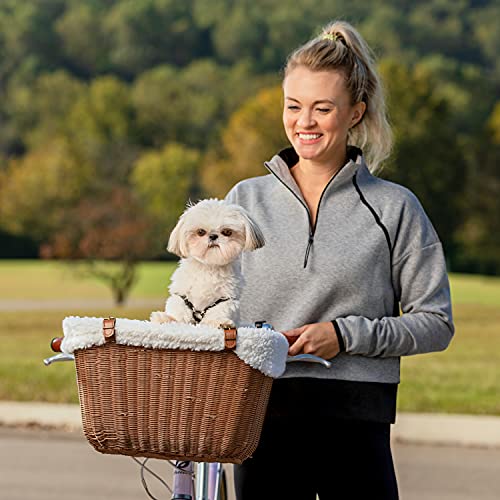 PetSafe Happy Ride Wicker Bicycle Basket for Dogs and Cats – Stylish Weather Resistant Wicker Material – Comfortable, Easy to Clean Soft Liner – Removable Sun Shield Included – for Pets up to 13 lb