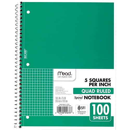 Mead Spiral Notebook, 1-Subject, Graph Ruled Paper, 10-1/2″ x 8″, 100 Sheets, Color Will Vary (05676)