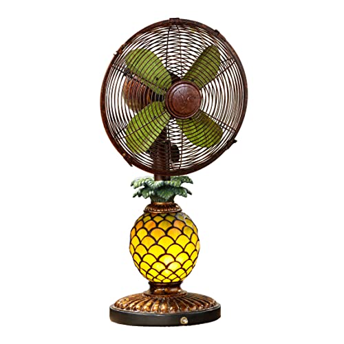 DecoBREEZE Oscillating Table Fan with Lamp, 3-Speed Portable Fan, Pineapple, Mosaic Glass Antique Fan and Lamp, 10 inches