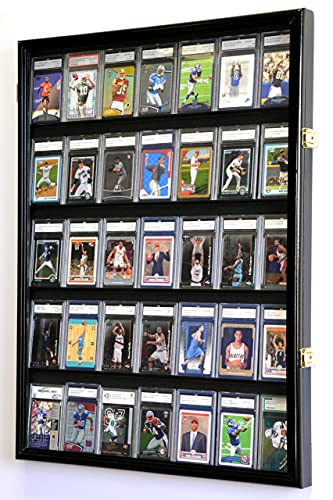 35 Graded Sport Cards / Collectible Card Display Case Wall Cabinet w/98% UV Door, Lockable, Black