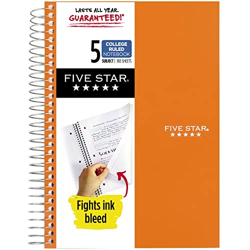 Five Star Small Spiral Notebook, 5-Subject, College Ruled Paper, 180 Sheets, 9-1/2″ x 6″, Color Will Vary, 1 Count (06184)