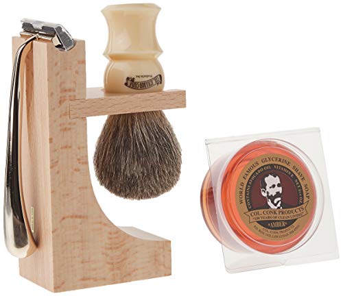 Colonel Conk Model 237 4-Piece Hardwood Stand Shave Set with Mixed Badger Brush, Gold Tone Razor and Soap