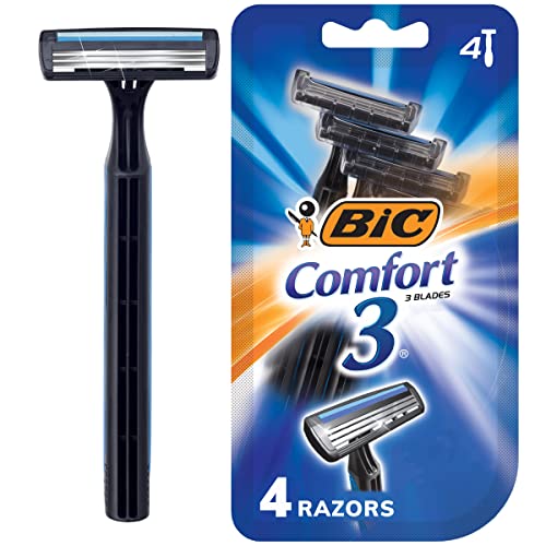 BIC Comfort 3 Disposable Razors for Men, Perfect Razors For a Smooth and Comfortable Shave, 4 Disposable Razors With 3 Blades, 4 Count Shaving Kit