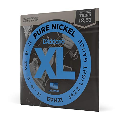 D’Addario Guitar Strings – XL Pure Nickel Electric Guitar Strings – Round Wound – Warm, Bright, Vintage Sound – EPN21 – Jazz Light, 12-51