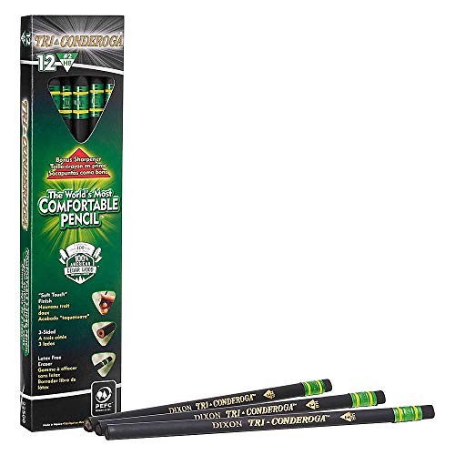 Ticonderoga Tri-Conderoga Triangular Pencils, Wood-Cased #2, Sharpener, Soft Touch Comfort Barrel, Black, 12-Pack (22500)
