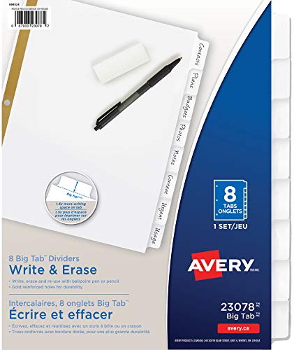Avery 8-Tab Binder Dividers, Write & Erase White Big Tabs, 1 Set (23078)