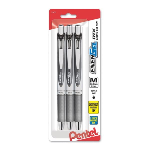 Pentel EnerGel RTX Gel Ink Pens, 0.7 Millimeter Metal Tip, Black Ink, 3 Packs (BL77BP3A)
