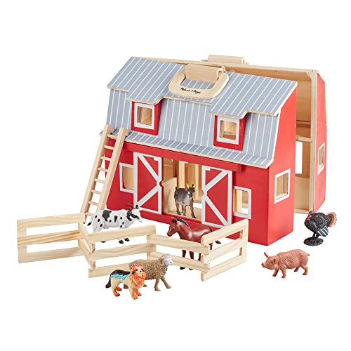 Melissa & Doug Fold and Go Wooden Barn With 7 Animal Play Figures – Farm Animals Portable Toys For Kids And Toddlers Ages 3+
