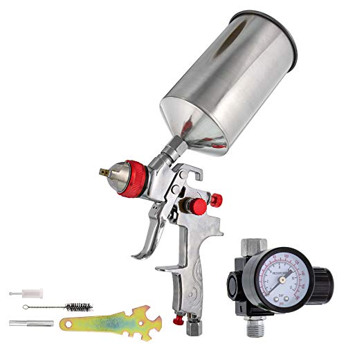 TCP Global Professional Gravity Feed HVLP Spray Gun with a 1.4mm Fluid Tip, 1 Liter Aluminum Cup and Air Regulator