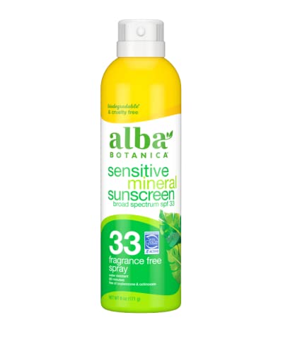 Alba Botanica Sunscreen for Face and Body, Fragrance-Free Sheer Mineral Sunscreen Spray, Broad Spectrum SPF 33, Water Resistant and Biodegradable, 6 fl. oz. Bottle
