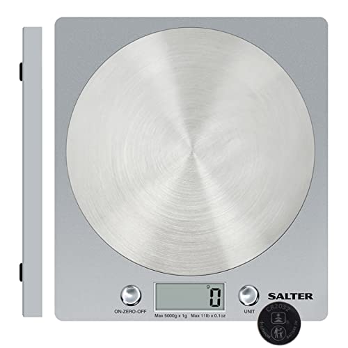 Salter Digital Kitchen Weighing Scales – Slim Design Electronic Cooking Appliance for Home / Kitchen, Weigh Food up to 5kg Aquatronic for Liquids ml and fl. Oz. 15Yr Guarantee – Silver