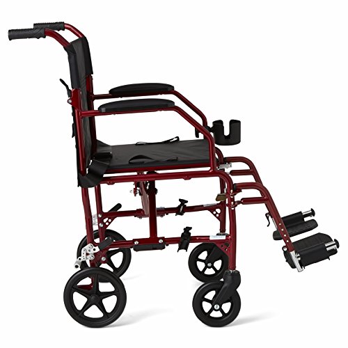 Medline Ultralight Transport Wheelchair with 19” Wide Seat, Folding Transport Chair with Permanent Desk-Length Arms, Red Frame | The Storepaperoomates Retail Market - Fast Affordable Shopping