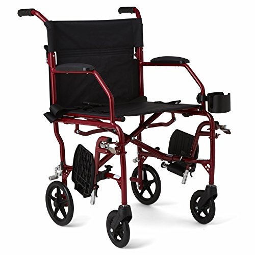 Medline Ultralight Transport Wheelchair with 19” Wide Seat, Folding Transport Chair with Permanent Desk-Length Arms, Red Frame | The Storepaperoomates Retail Market - Fast Affordable Shopping