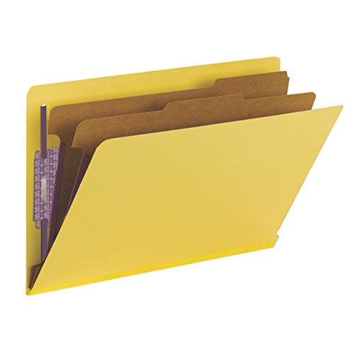 Smead 100% Recycled End Tab Pressboard Classification File Folder with SafeSHIELD Fasteners, 2 Dividers, 2″ Expansion, Legal Size, Yellow, 10 per Box (29789)