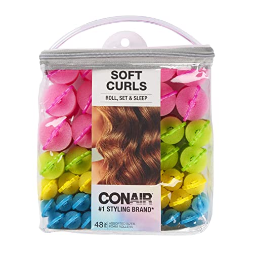 Conair Foam Self Grip Hair Rollers, Hair Curlers with Self Grip, Foam Rollers in Neon Colors, Assorted Sizes, 48 Pack