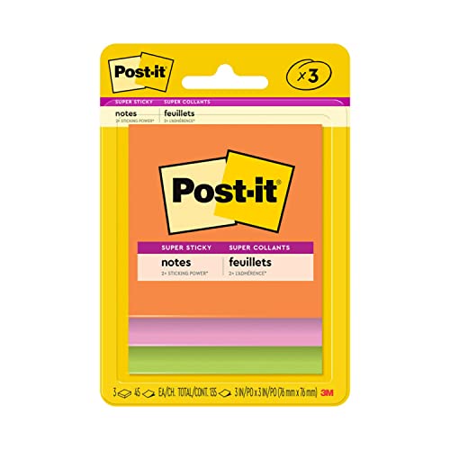 Post-it Super Sticky Notes, 3×3 in, 3 Pads, 2x the Sticking Power, Bright Colors (Orange, Pink, Green), Recyclable (3321-SSAU)