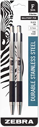 Zebra Pen F-301 Retractable Ballpoint Pen, Stainless Steel Barrel, Fine Point, 0.7mm, Black Ink, 2-Pack