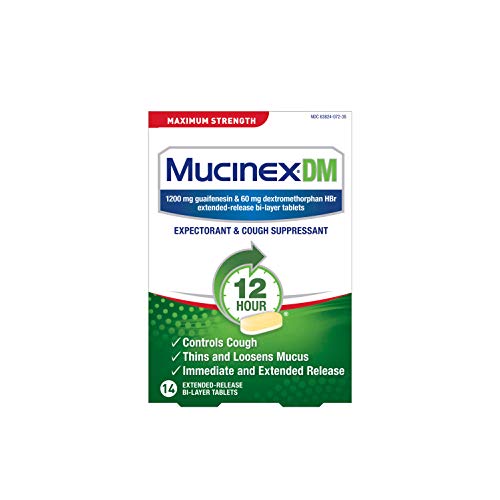 Cough Suppressant and Expectorant, Mucinex DM Maximum Strength 12 Hour Tablets, 14ct, 1200 mg Guaifenesin, Relieves Chest Congestion, Quiets Wet and Dry Cough, #1 Doctor Recommended OTC expectorant