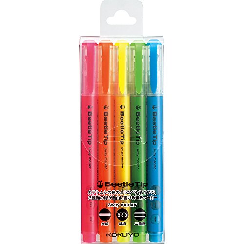Kokuyo Beetle Tip 3-Way Highlighter Pen, Fluorescent Marker, 5-Color Set, Japan Import (PM-L301-5S)